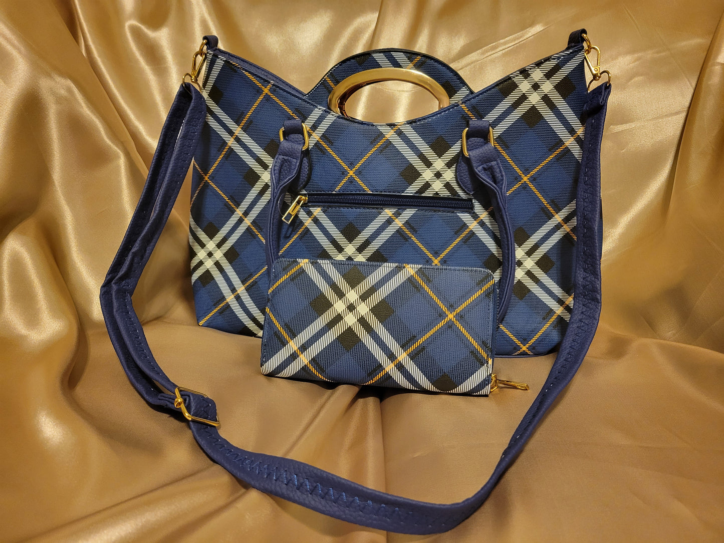 2-Purses and Wallet Set - Blue Plaid (1118235069BP)